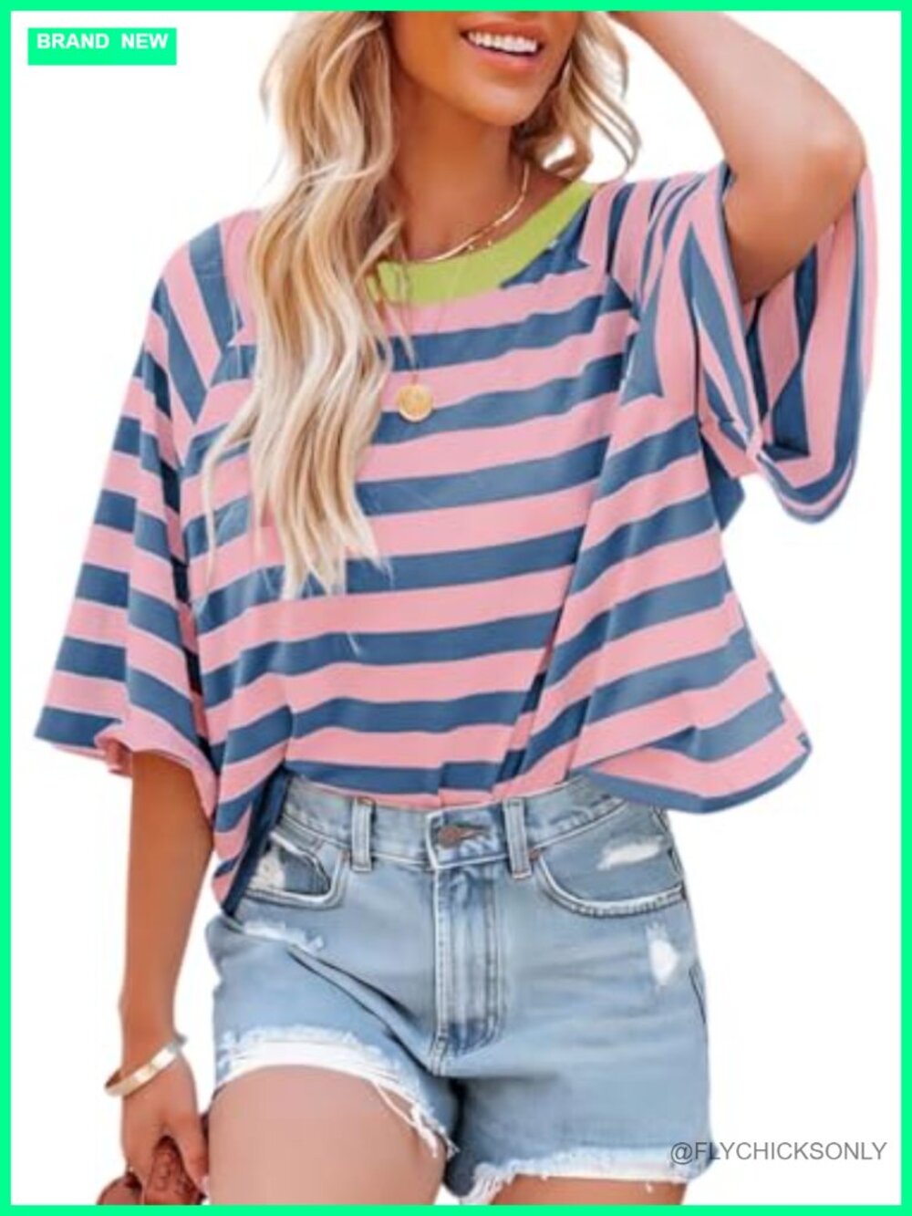 Dokotoo Women's Striped V-Neck Short Sleeve Loose Fit T-Shirt
